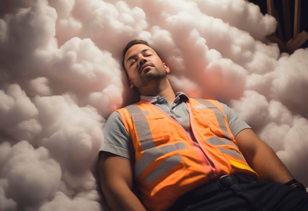 Foto bouwwerker slaapt op katoenen wolken arbeidsdag grappige conceptuele achtergrond