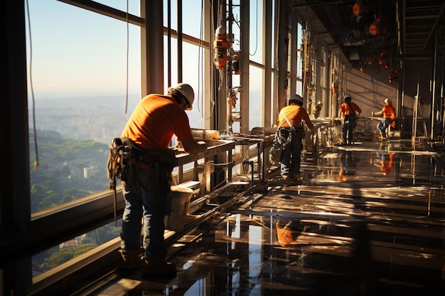 Bouwwerkzaamheden op hoogte met veiligheidsharnas Touwtoegang en veiligheidslijn werken onder constructie een dakrand Gegenereerd met AI