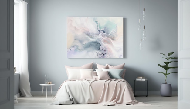 Boven een bed in een slaapkamer hangt een pastel schilderij.