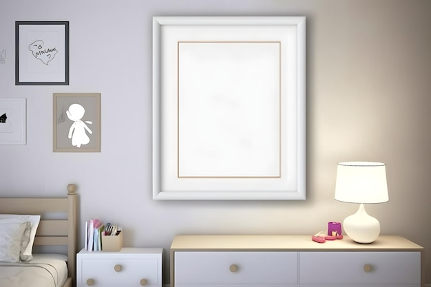 Boven een dressoir hangt een ingelijste foto met een lamp en een lamp aan de zijkant.