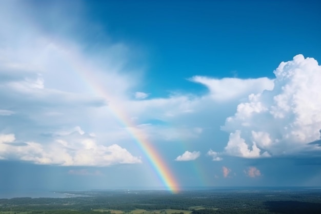 Boven een stad is een regenboog te zien in de lucht.