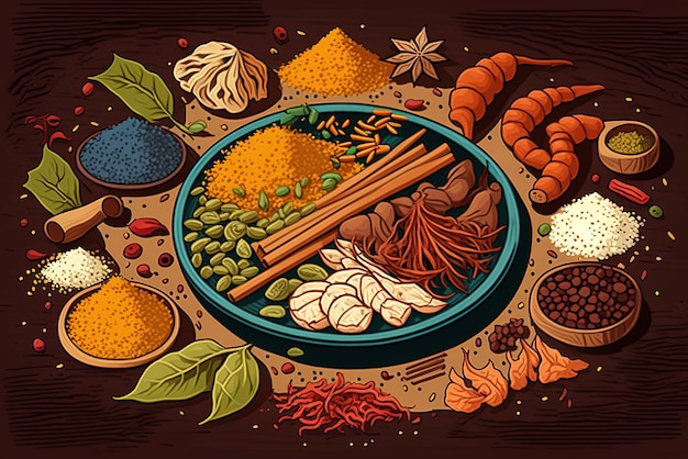 Boven een tafel beladen met Indiase smaken en specerijen