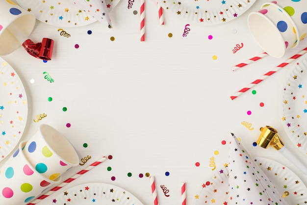 Boven foto van kopjes plaat confetti verjaardag hoed partij buisjes en fluitje geïsoleerd op de witte achtergrond met lege ruimte