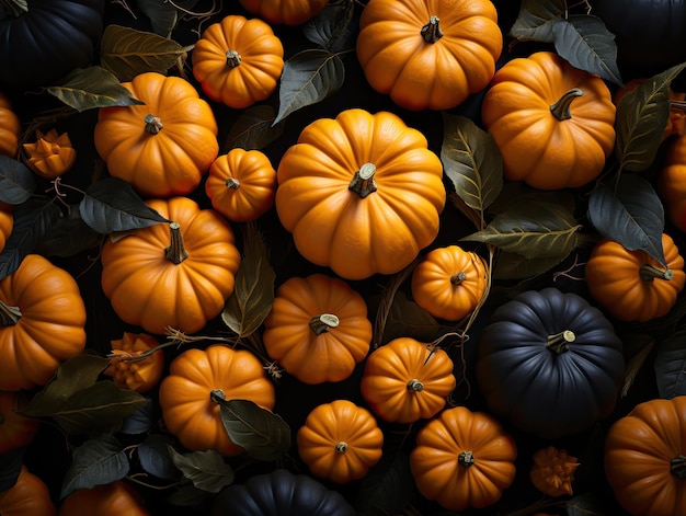 Boven geschoten stelletje rijpe kleurrijke pompoenen met herfstbladeren lag plat feestelijk herfstdecor