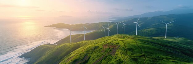 Boven groene heuvels bevinden zich windturbinesGenerative Ai