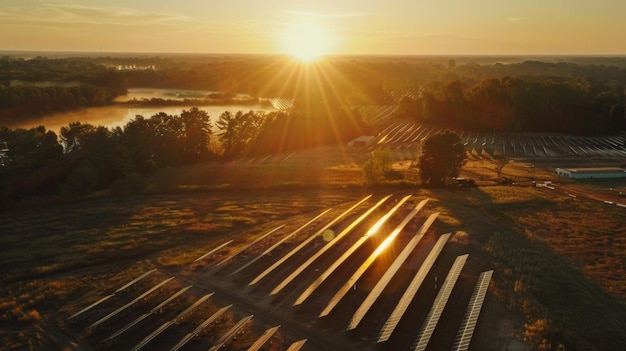 Foto boven ons slaat de zon neer op de zonnepark en voedt de revolutie voor schone energie.
