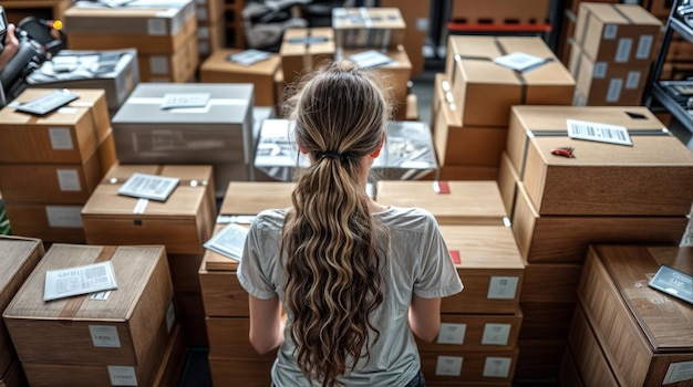 Foto boven tafel zicht van vrouwelijke magazijnwerker of verkoper die e-commerce verzendorderdoos verpakt