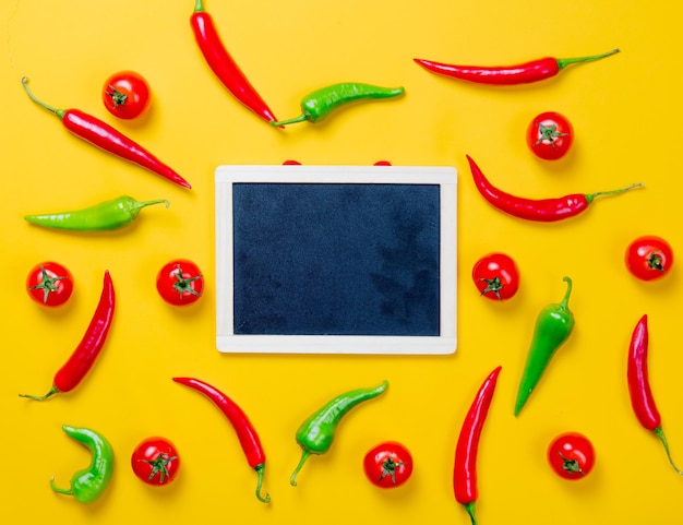 Boven uitzicht op chili peper en schoolbord op gele achtergrond