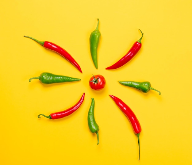 Boven uitzicht op Chili peper en tomaten op gele achtergrond