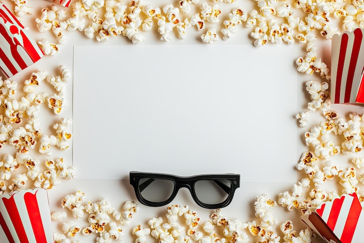 Foto bovenaanzicht 3d-bril en popcorn