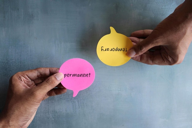 Bovenaanzicht afbeelding van tekstballon met tekst TIJDELIJK en PERMANENT Bedrijfs- en financieel concept