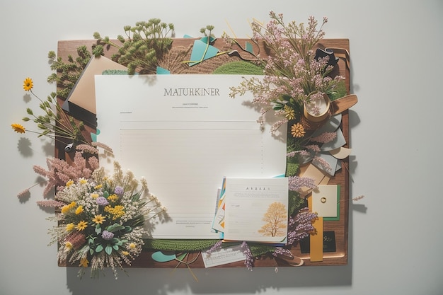 Bovenaanzicht arrangement van briefpapier van natuurlijk materiaal