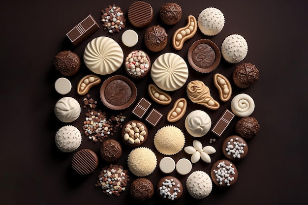 bovenaanzicht Assortiment fijne chocoladesuikergoed, witte, pure en melkchocolade Snoepachtergrond.