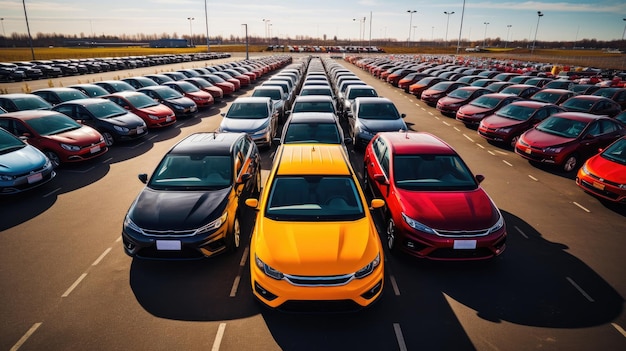 Bovenaanzicht Auto's te koop Automobielindustrie Autodealer Parkeerplaats Rijen gloednieuwe voertuigen in afwachting van nieuwe eigenaren