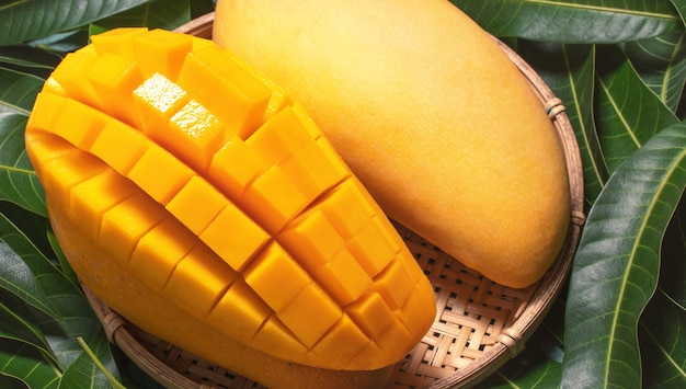 bovenaanzicht biologische mango in bamboezeef