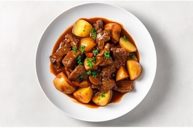 Bovenaanzicht Boeuf Bourguignon Op Witte Ronde Plaat Op Witte Achtergrond Generatieve AI