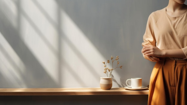 bovenaanzicht bureau in de ochtend met warme mok koffie zachte schaduw ochtend