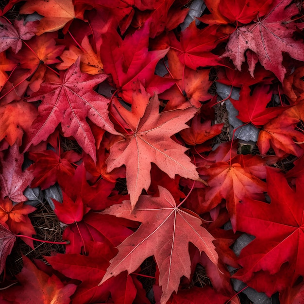 Bovenaanzicht close-up van grasmat van rode esdoorn herfstbladeren