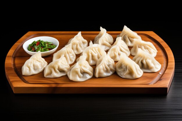 Foto bovenaanzicht dumplings op een houten bord op een witte achtergrond