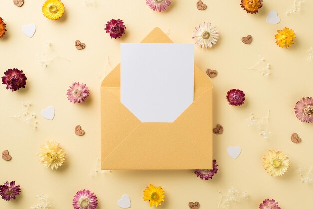 Bovenaanzicht foto van de samenstelling van de dag van de vrouw open pastelgele envelop met letter verschillende kleuren veldbloemen en harten op geïsoleerde beige achtergrond met lege ruimte