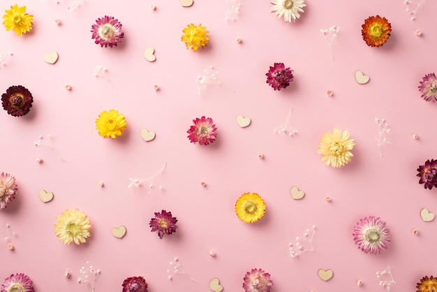 Bovenaanzicht foto van de vele mooie middelgrote kleurrijke verschillende bloemhoofdjes en schattige roze kleine bloemen met witte gipskruid en confetti in de vorm van harten verspreid over de pastelroze achtergrond