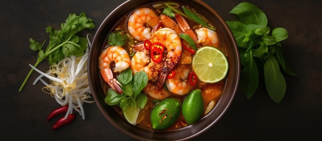 bovenaanzicht foto van een Laksa Shrimp Bowl met glasnoedels, garnalen, paksoi, limoen, gember en chili