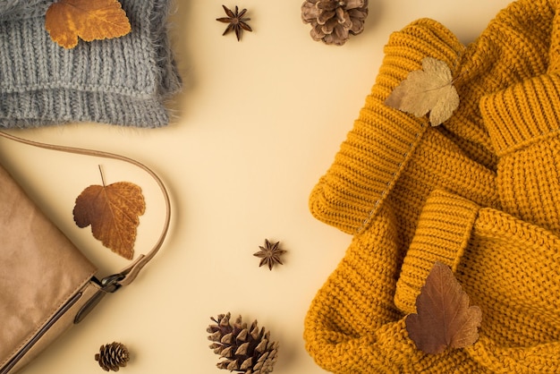 Bovenaanzicht foto van gele trui grijze gebreide sjaal lederen handtas herfst bruin leafage anijs en dennenappels op geïsoleerde licht beige achtergrond