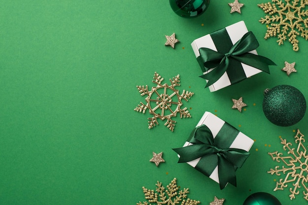 Bovenaanzicht foto van groene en gouden kerstversiering ballen sneeuwvlokken kleine gloeiende sterren pailletten en witte geschenkdozen met groene strikken op geïsoleerde groene achtergrond met lege ruimte