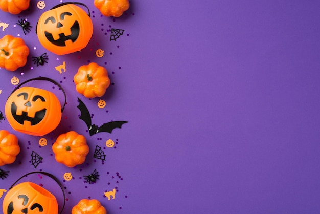 Bovenaanzicht foto van halloween decoraties pompoen manden zwarte pailletten katten spinnen web en vleermuis silhouet op geïsoleerde violette achtergrond met copyspace