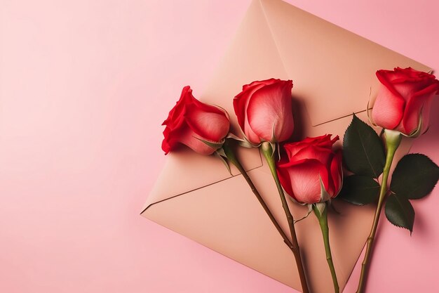 Bovenaanzicht foto van open roze envelop met vel papier en rozen erop met kopieerruimte