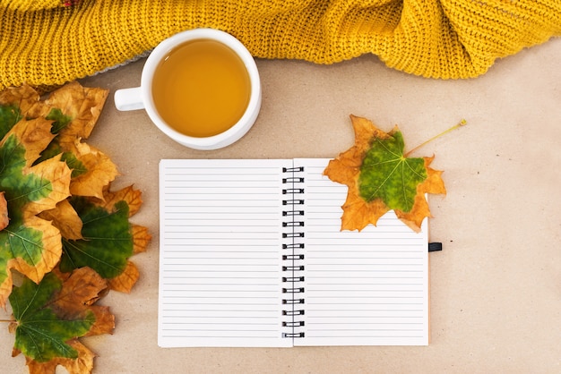 Bovenaanzicht foto van oranje trui met kopje thee, gele herfstbladeren en notitieblok op geïsoleerde achtergrond met lege ruimte