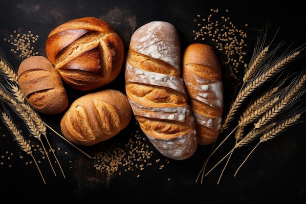 Bovenaanzicht foto van rustiek knapperig brood en broodjes op zwarte schoolbordachtergrond in een bakkerij
