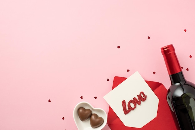 Bovenaanzicht foto van valentijnsdag decor hartvormige schotel met snoepjes confetti rode envelop met papieren vel inscriptie liefde en wijnfles op geïsoleerde pastelroze achtergrond met lege ruimte
