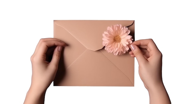 Bovenaanzicht foto van vrouwelijke hand met envelop en bloem op witte achtergrond