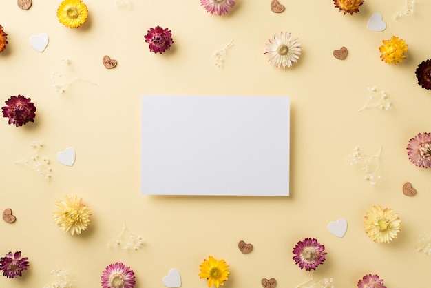Bovenaanzicht foto van vrouwendag samenstelling papieren kaart veelkleurige wilde bloemen en harten op geïsoleerde beige achtergrond met copyspace