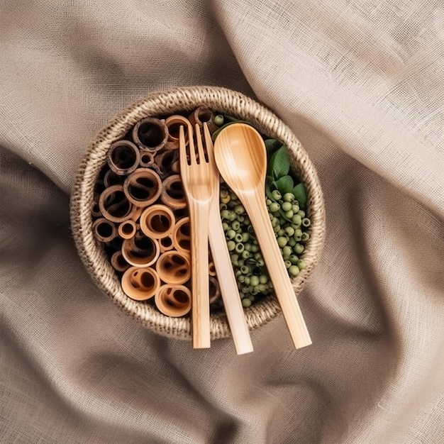 Bovenaanzicht gezonde maaltijd met houten vorken