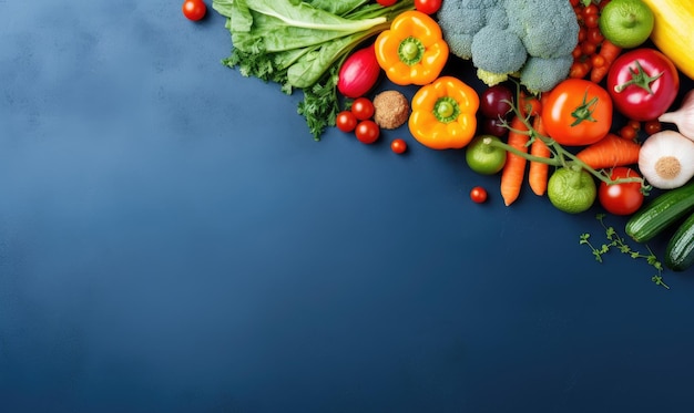 Bovenaanzicht groenten op diepblauwe achtergrond Kopieer ruimte Kookingrediënt wortel tomaten komkommer peper broccoli ui Vegetarisch biologisch voedsel banner Gemaakt met generatieve AI-tools