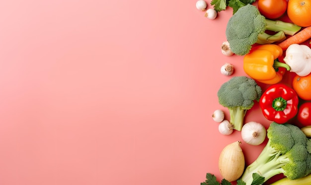 Bovenaanzicht groenten op roze achtergrond Kopieer ruimte Kookingrediënt wortel tomaten komkommer peper broccoli ui Vegetarisch biologisch voedsel banner Gemaakt met generatieve AI-tools