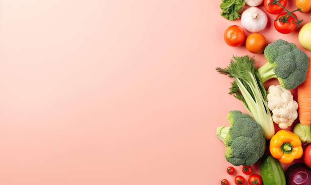 Bovenaanzicht groenten op roze achtergrond Kopieer ruimte Kookingrediënt wortel tomaten komkommer peper broccoli ui Vegetarisch biologisch voedsel banner Gemaakt met generatieve AI-tools
