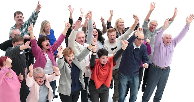 Foto bovenaanzicht groep gelukkige ouderen die met hun handen omhoog staan