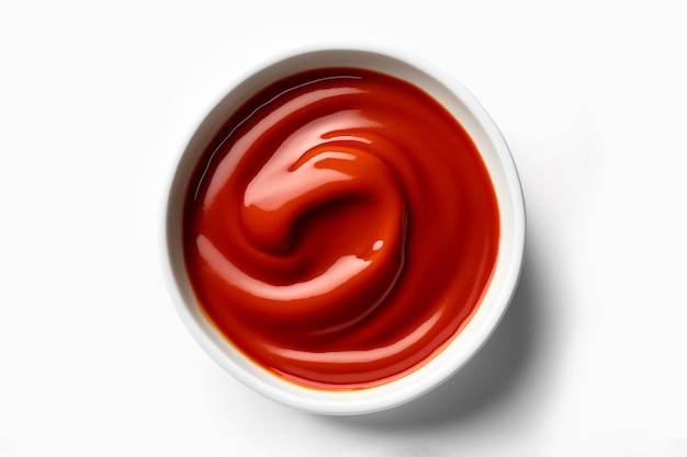 Bovenaanzicht heerlijke ketchup in witte kom geïsoleerd op een witte achtergrond. Portie tomatensaus