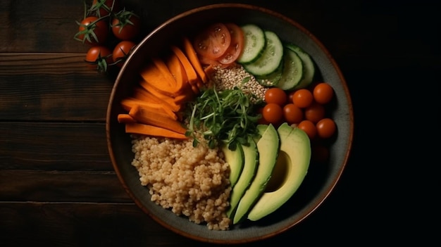 Foto bovenaanzicht kom boeddha boekweit pompoen kipfilet avocado wortelen zwarte achtergrond