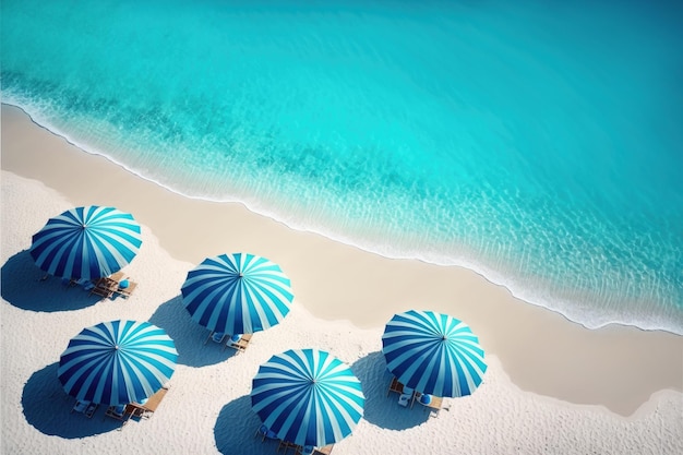 Bovenaanzicht leeg strand met parasols en ligbedden, wit zand en blauw schoon water met een zonnige dag