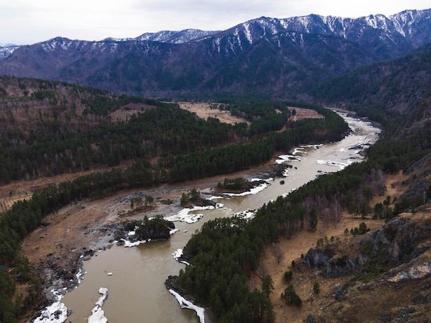 Bovenaanzicht lente bos en de rivier prachtige landschap natuurlijke achtergrond