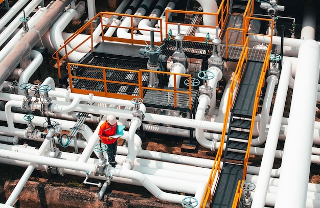 Bovenaanzicht mannelijke werknemer inspectie bij de regelklep van visuele controle record pijplijn olie en gas