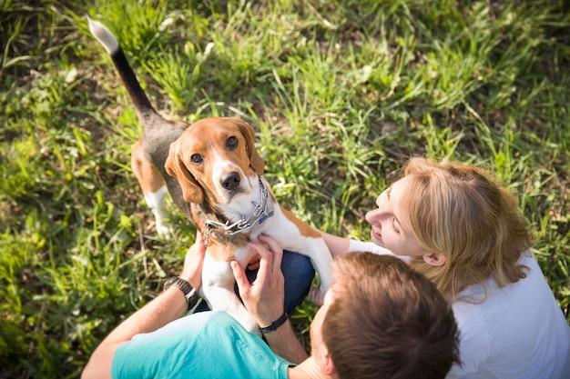 Bovenaanzicht op familie met hun mooie Beagle-rashond in rek aan een strakke lijn in het park