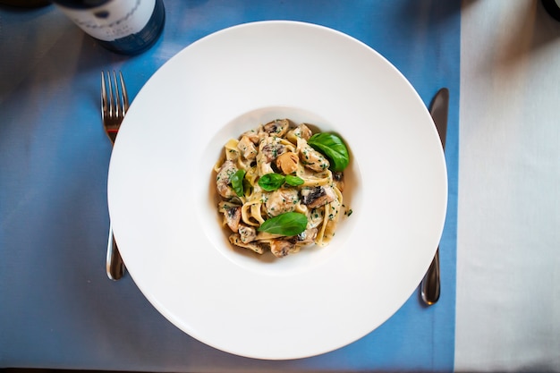 Bovenaanzicht op gastronomische tagliatelle met wilde paddestoelen in een witte plaat