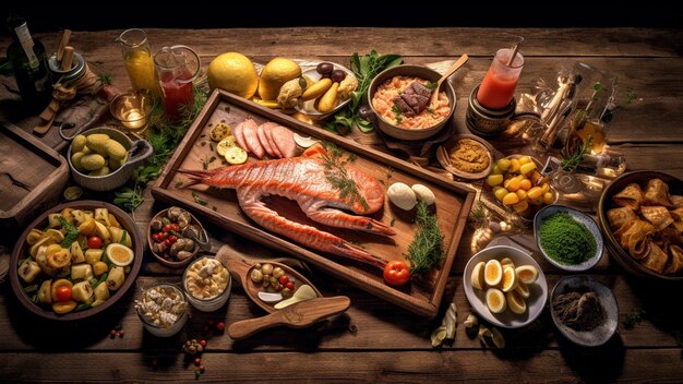 Bovenaanzicht op houten tafel vol eten en ingrediënten