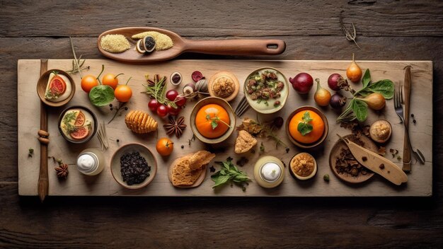 Bovenaanzicht op houten tafel vol eten en ingrediënten