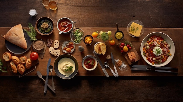 Bovenaanzicht op houten tafel vol eten en ingrediënten